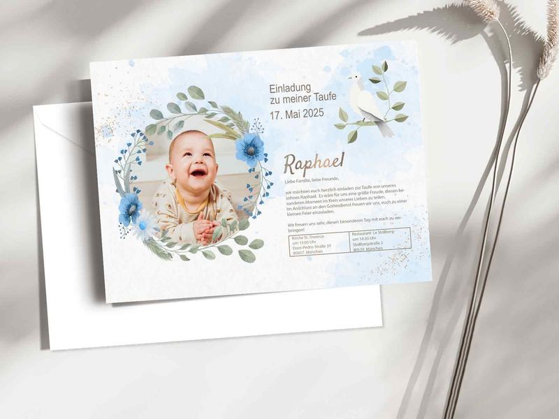 Einladungskarte Taufe für Junge mit Personalisierte Foto und Text -  Papier Karte mit Umschlag