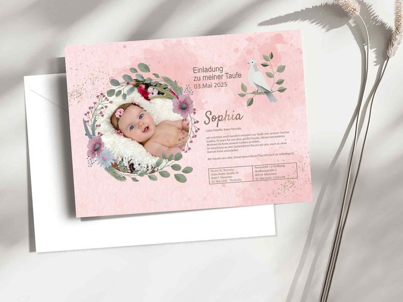 Einladungskarte Taufe für Mädchen mit Personalisierte Foto und Text -  Papier Karte mit Umschlag