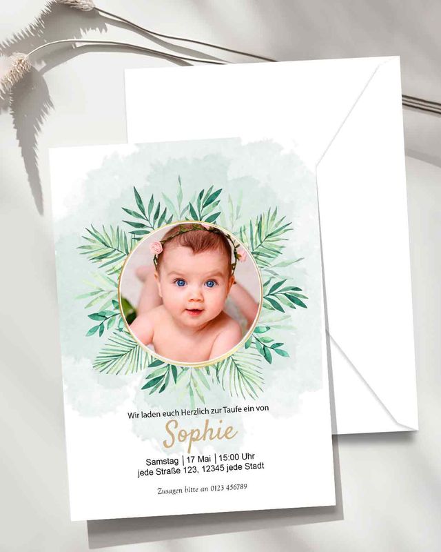 Einladungskarte Taufe Nature mit Personalisierte Foto und Text -  Papier Karte mit Umschlag