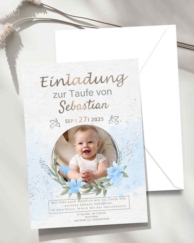 Einladungskarte Taufe für Junge mit Personalisierte Foto und Text -  Papier Karte mit Umschlag