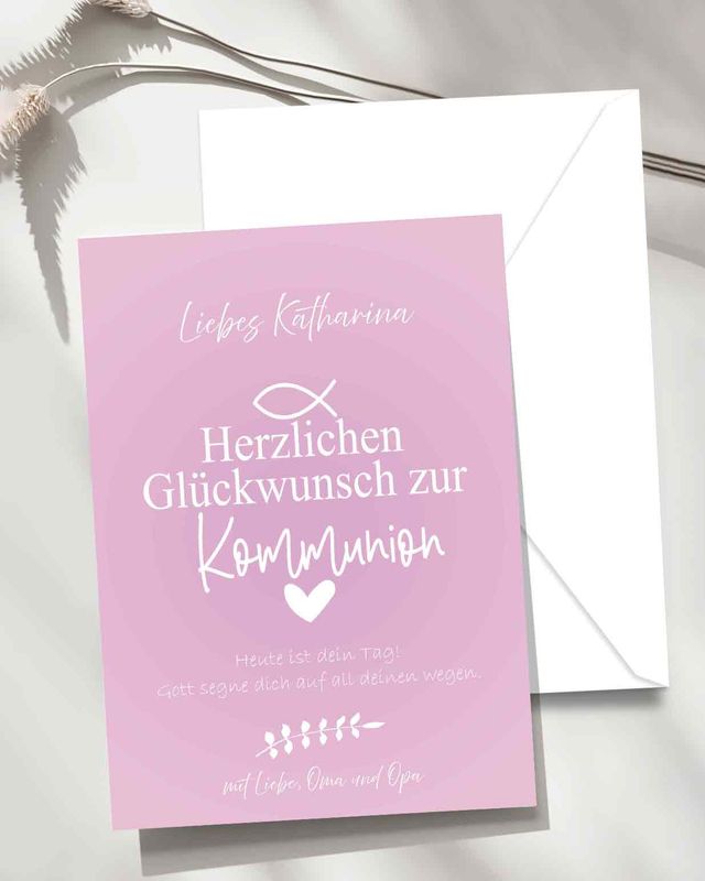 Kommunion Einladungskarte für Mädchen, Symbol Taube - Papier Karte mit Umschlag