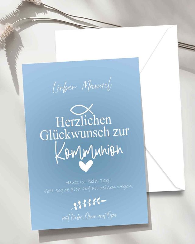 Kommunion Einladungskarte für Junge, Symbol Taube - Papier Karte mit Umschlag