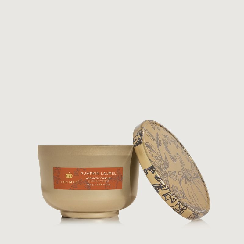 THYMES Pumpkin Laurel Poured Candle Tin with Gold Lid