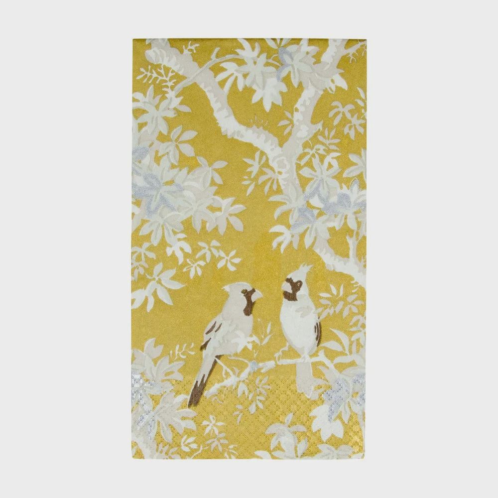 Caspari Scenic Songbirds Gold/Ivory Guest Towel Napkins - 15 Per Package