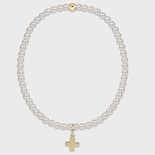 enewton Classic Pearl 3mm Bead Bracelet Signature Cross Gold Charm