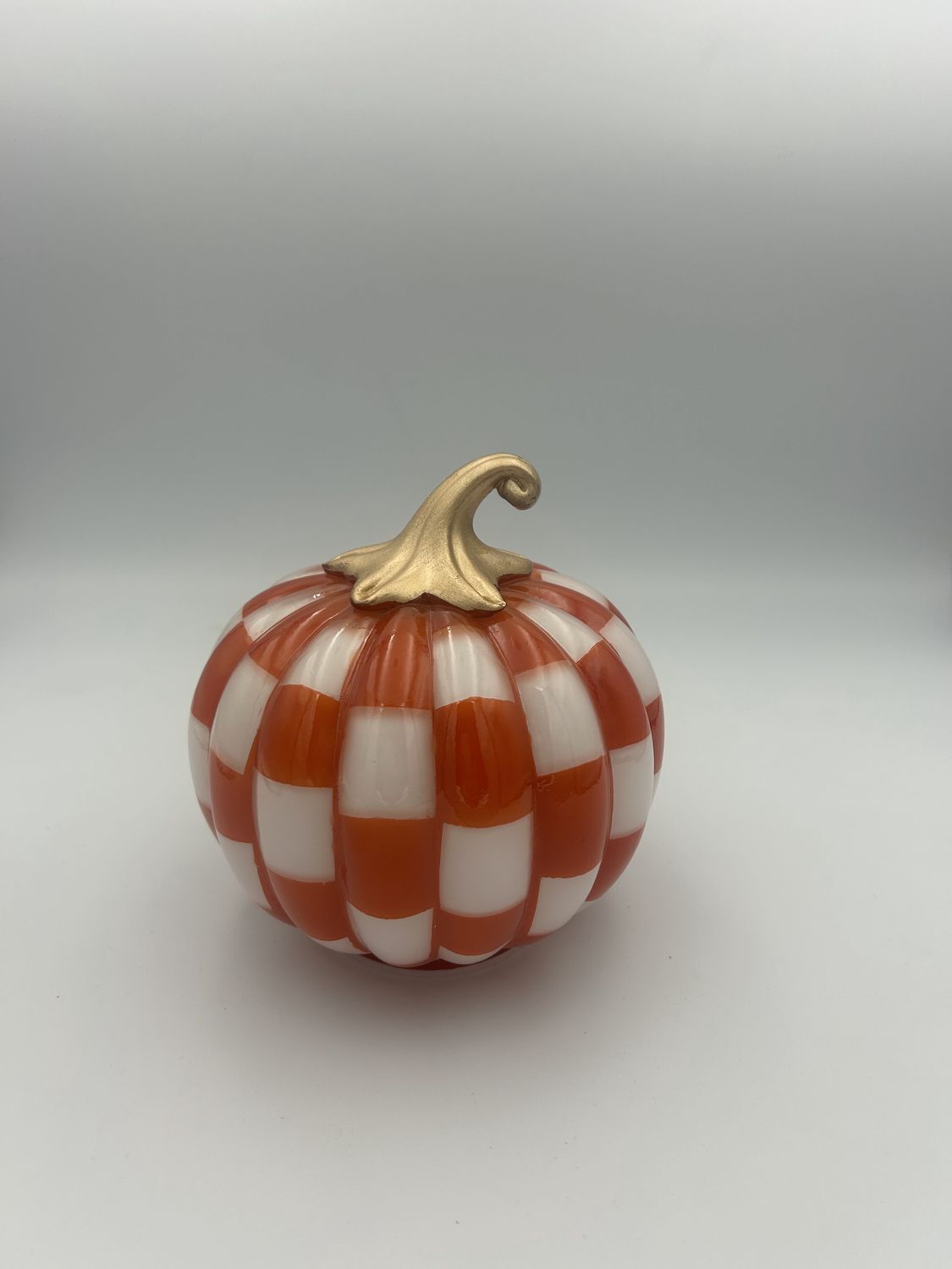 Checkered Halloween Orange and White Light-Up LED Pumpkin (Small)