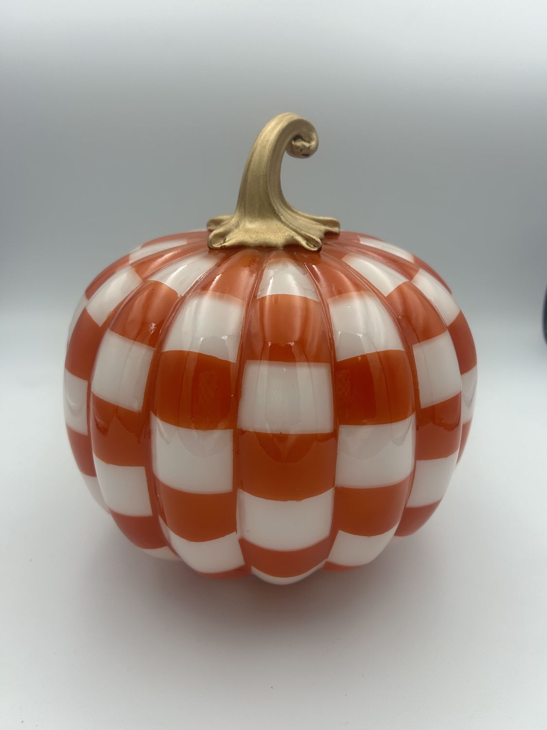 Checkered Halloween Orange and White Light-Up LED Pumpkin (Large)