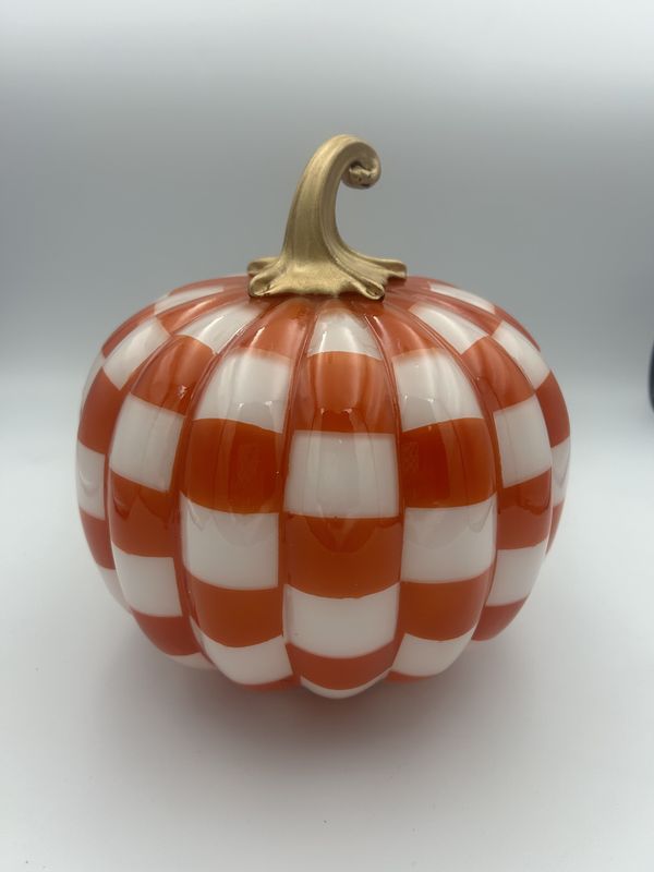 Two&#39;s Company Checkered Halloween Orange and White Light-Up LED Pumpkin (Large)