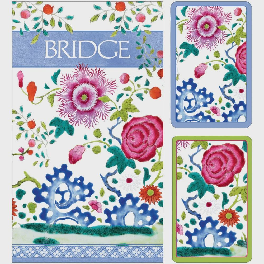 Caspari Floral Porcelain Large Type Bridge Gift Sets - 2 Playing Card Decks &amp; 2 Score Pads