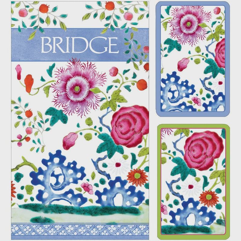 Caspari Floral Porcelain Large Type Bridge Gift Sets - 2 Playing Card Decks &amp; 2 Score Pads