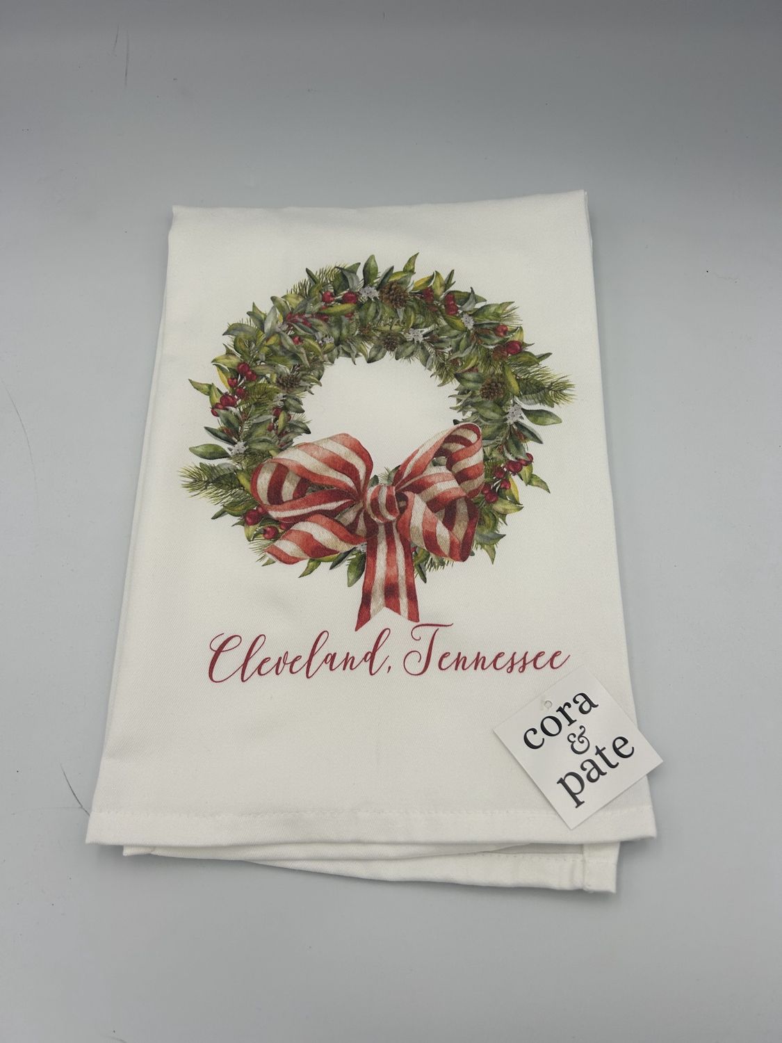 Cora and Pate Christmas Wreath Cleveland Tea Towel