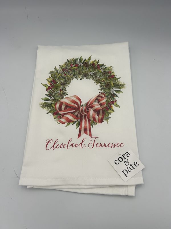 Cora and Pate Christmas Wreath Cleveland Tea Towel