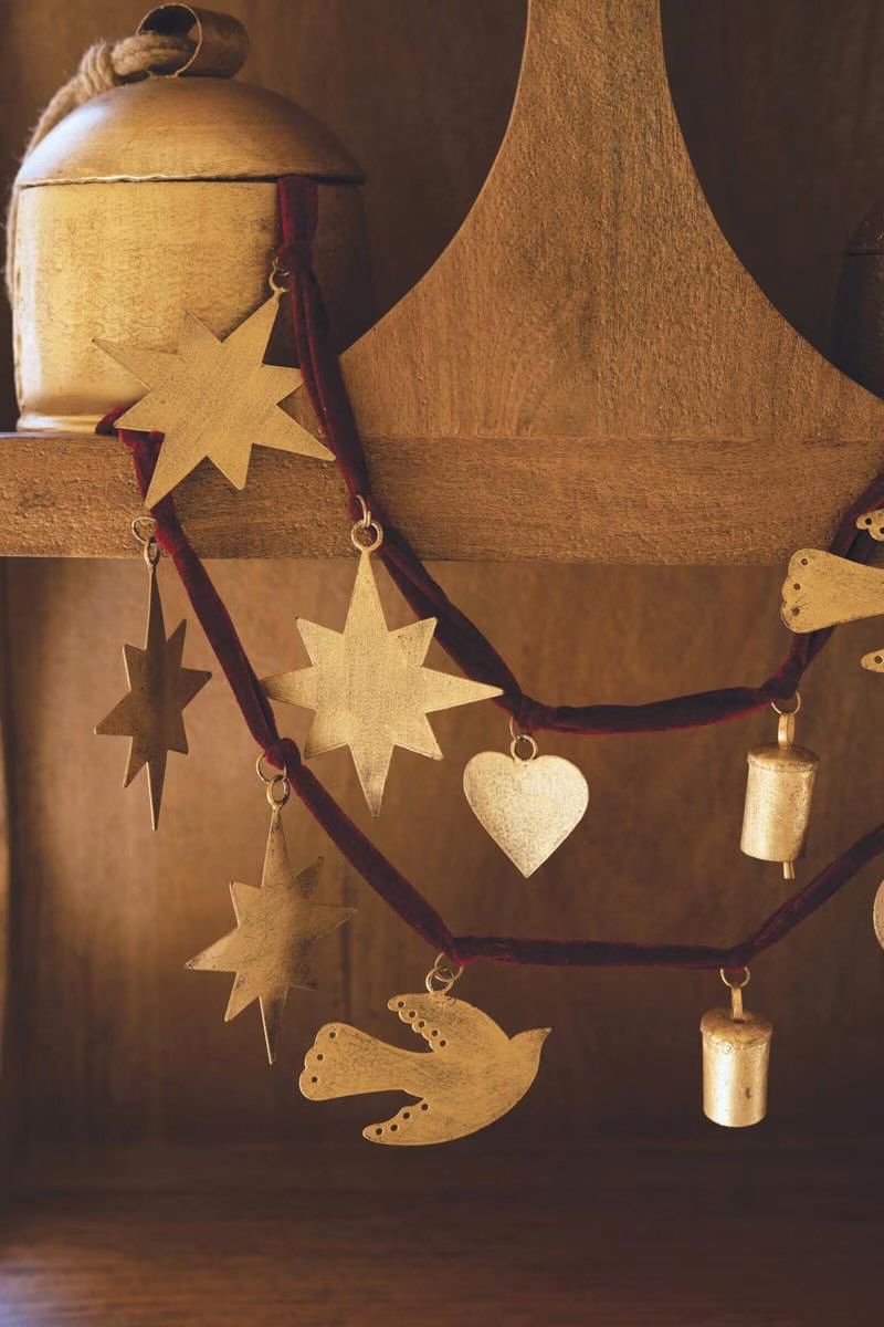 KALALOU Christmas Charm Garland with Maroon Velvet Ribbon