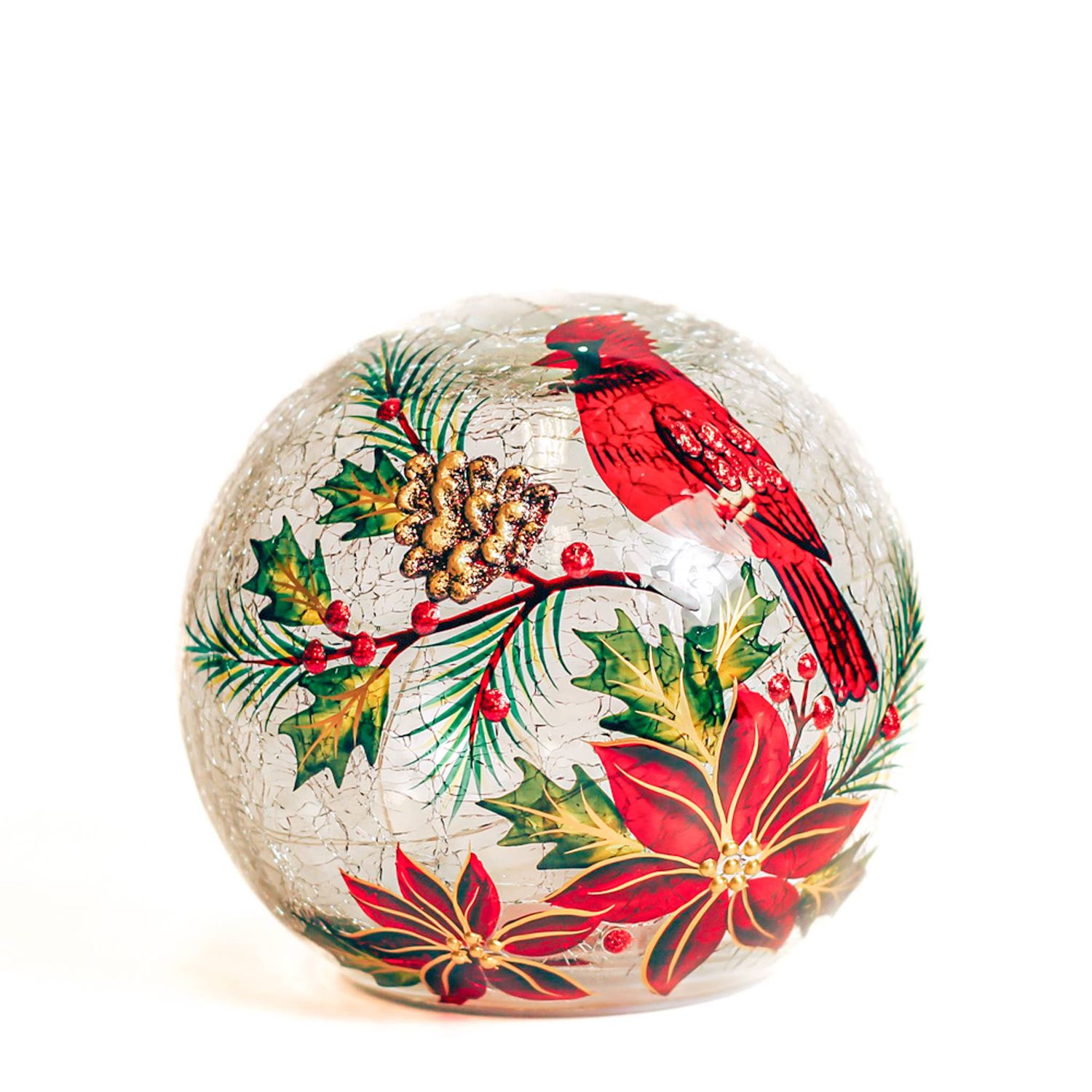 Poinsettia Cardinal LED Glass Orb – Christmas Holiday