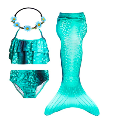 Youth Girl's Mermaid Bikini Set, Headband, and Tail