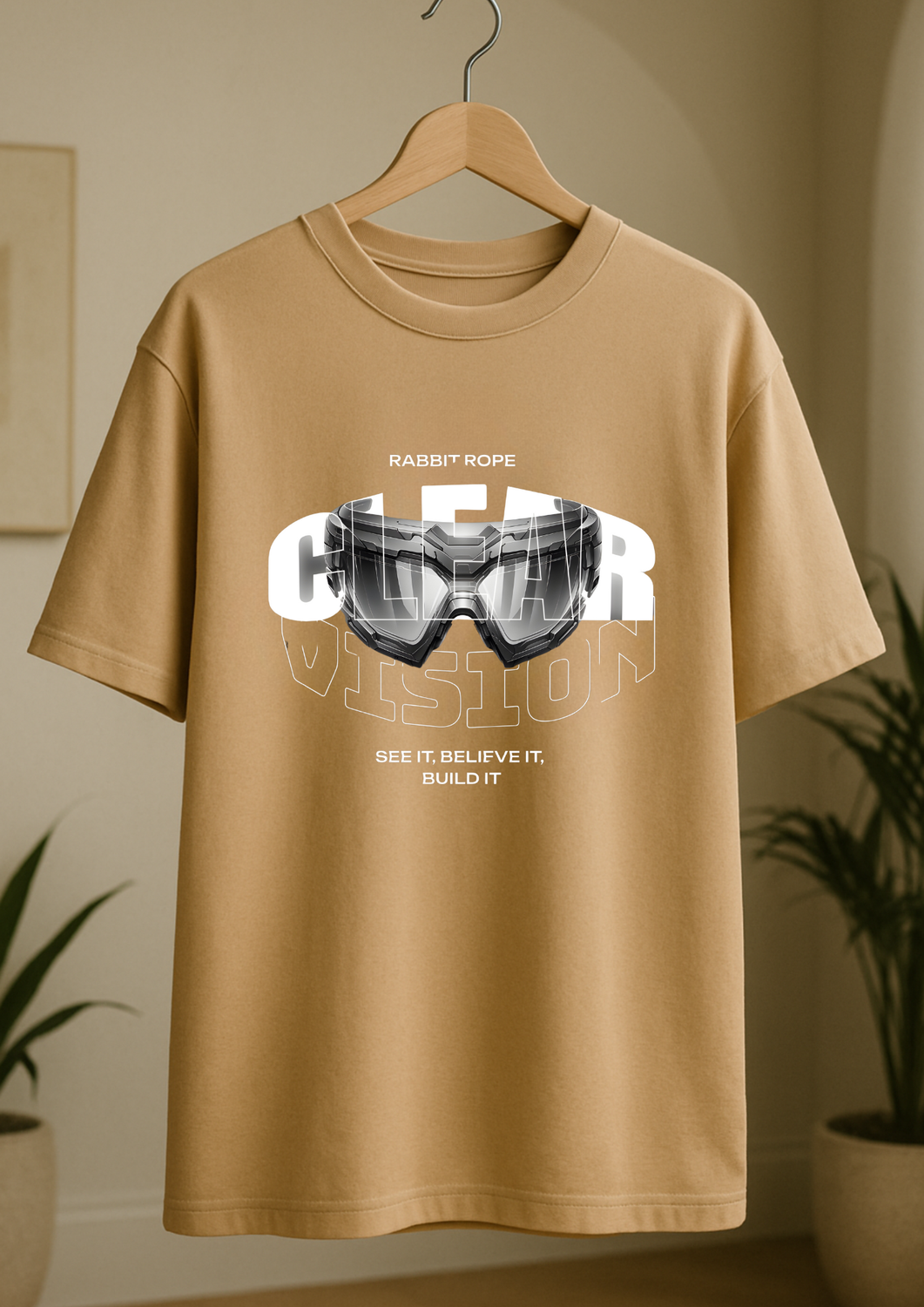 Rabbit Rope | Beige Oversized Graphic Printed T-Shirt | Unisex Casual Tee
