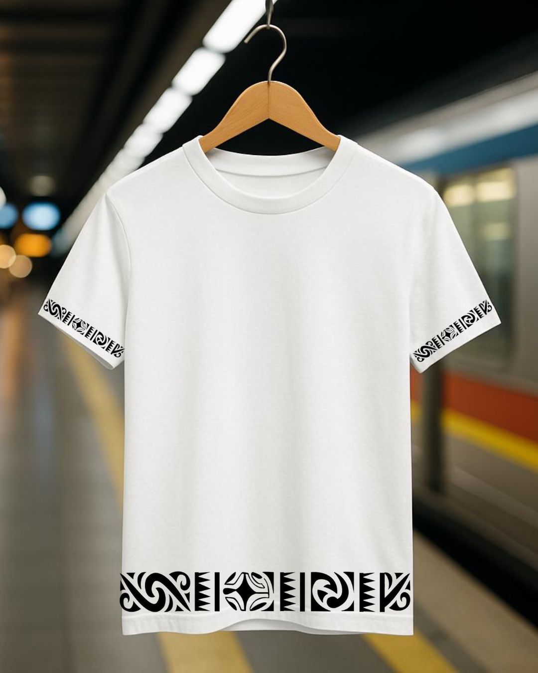 Tribal Edge – White Unisex T-Shirt with Bold Black Border Print
