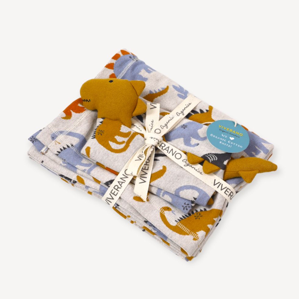 Dino Jacquard Knit Baby Blanket &amp; Lovey gift Set