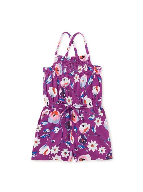Smocked Sleeveless Romper -Swedish Flowers in Purple