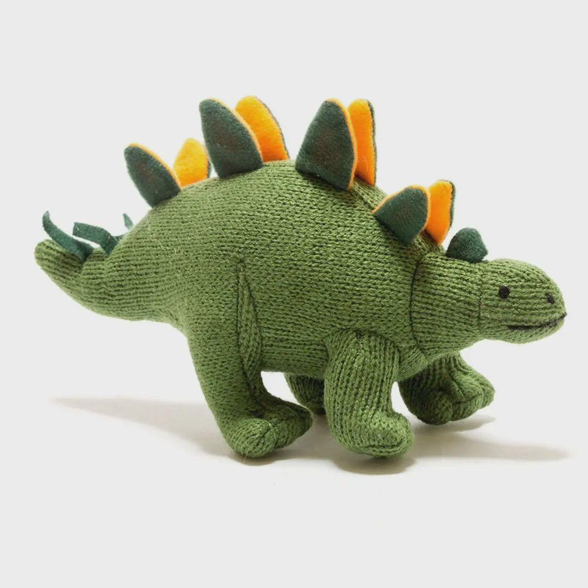 Knitted Stegosaurus Dinosaur Baby Rattle Green / Orange