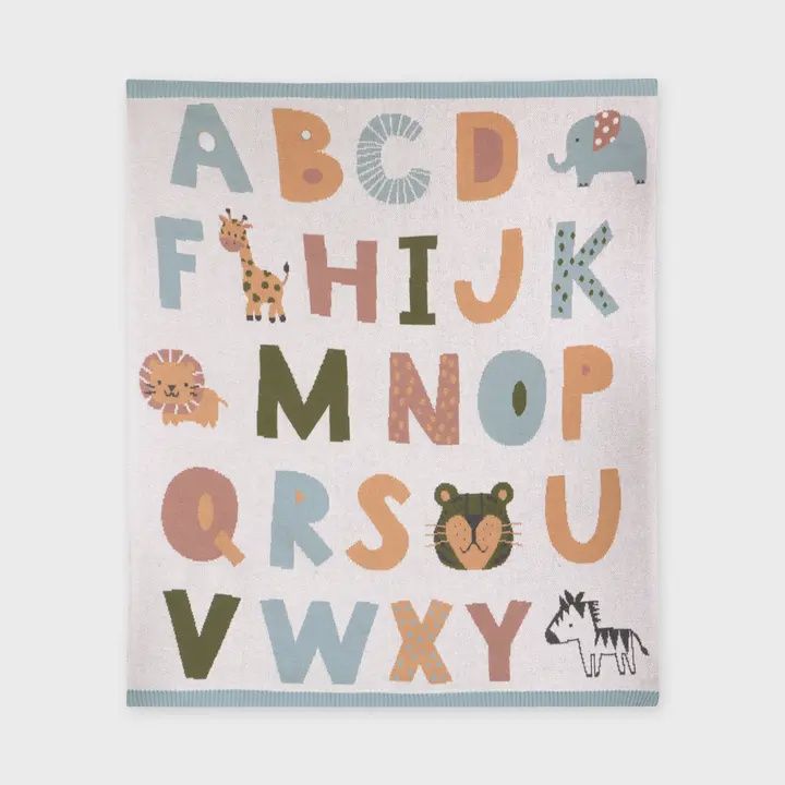 Alphabet Blue - Organic Jacquard Sweater Knit Baby Blanket