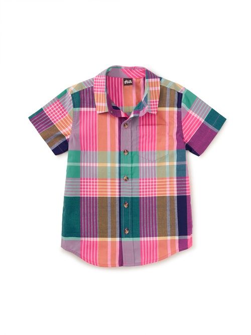 Plaid Button Up Woven Shirt - Carnival Rainbow Plaid