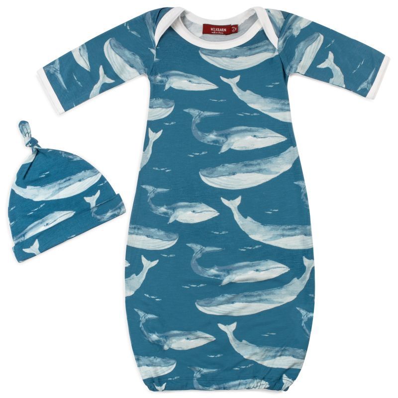 Bamboo Newborn Gown &amp; Hat Set - Blue Whale