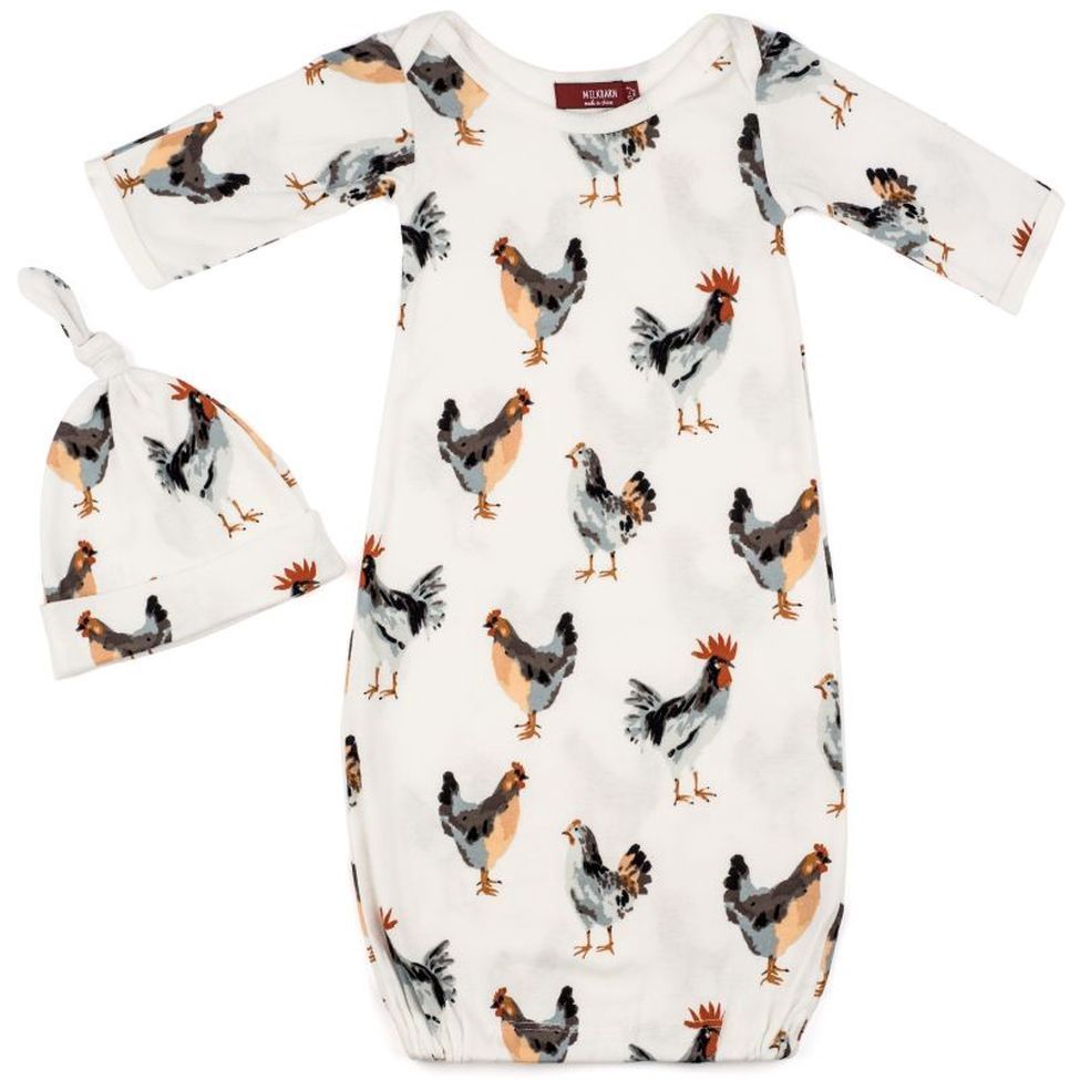 Organic Cotton Newborn Gown &amp; Hat Set - Chickens