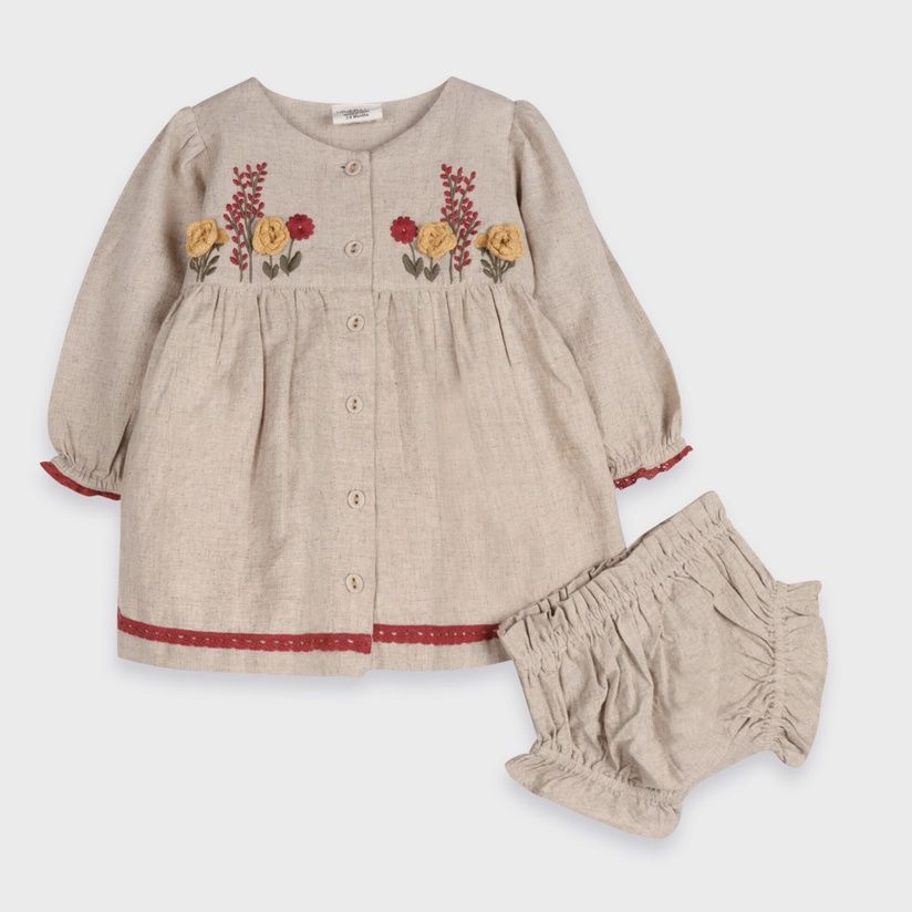 Ravello Embroidered Baby Dress &amp; Bloomer (Linen Blend)