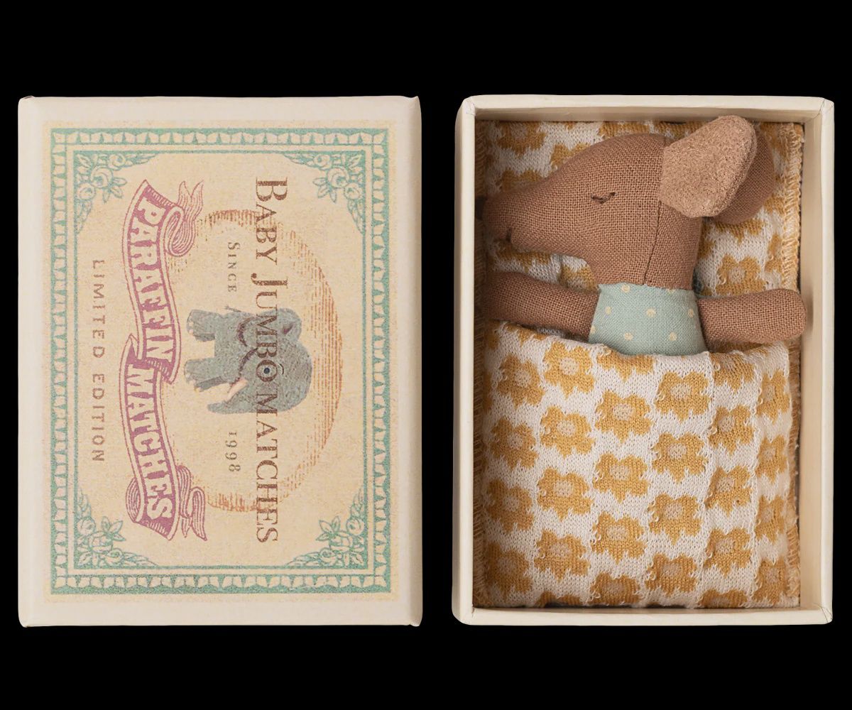 Sleepy Wakey Baby Mouse in Matchbox - dark brown, blue