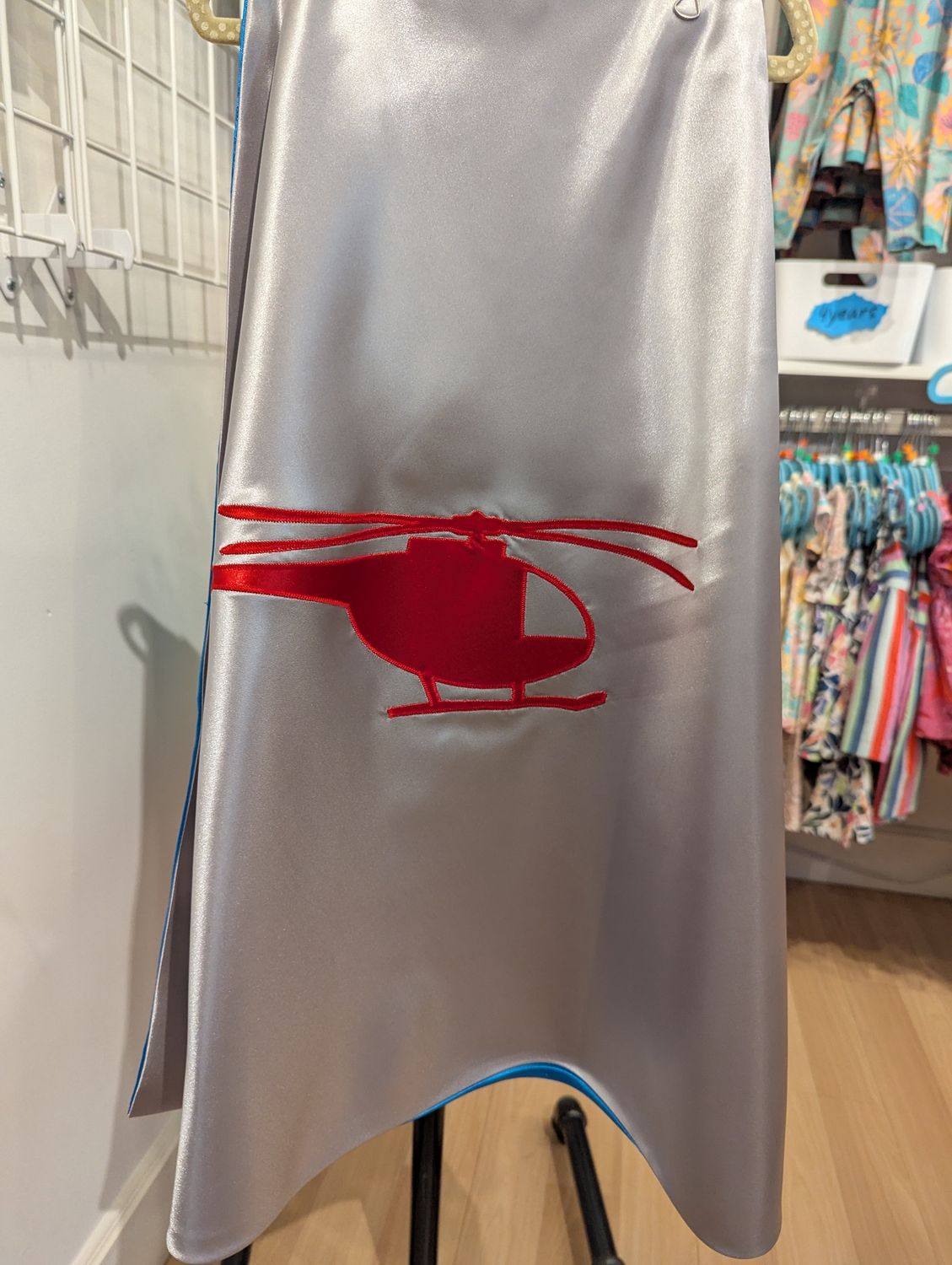 Handmade Super Hero Cape, Style: Red Helicopter on Silver