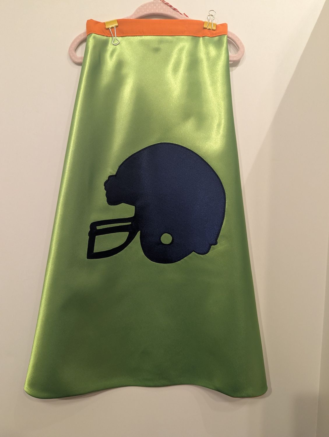 Handmade Super Hero Cape, Style: Navy Football HELMET on Lime