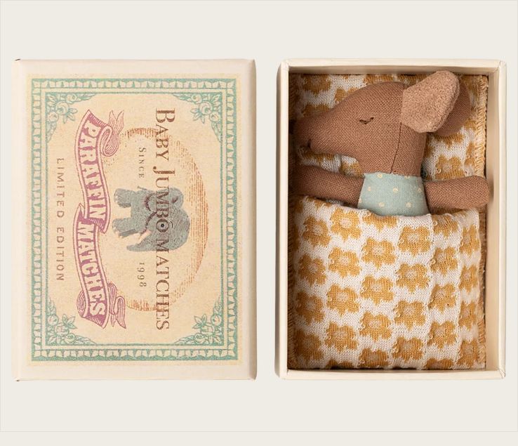 Sleepy Wakey Baby Mouse in Matchbox - dark brown, blue