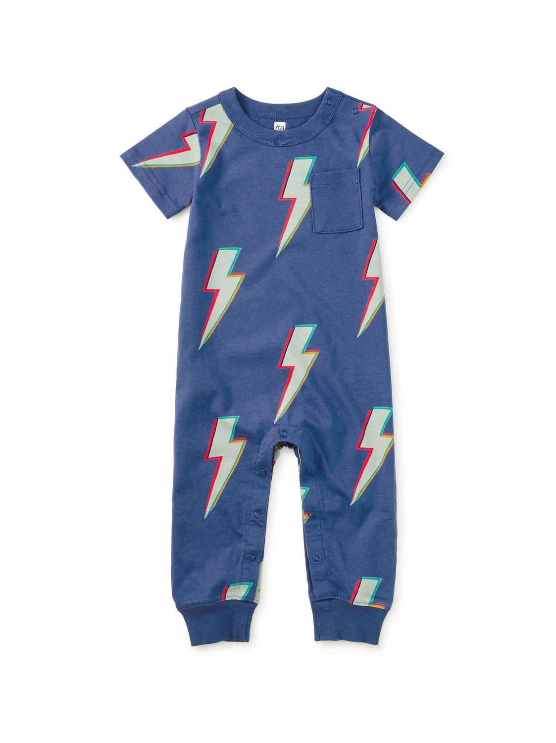 Short Sleeve Pocket Romper - Lightning Bolts