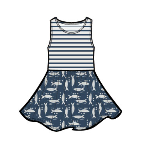 Print Mix Skirted Tank Dress - Blockprint Sardines
