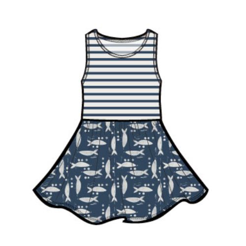 Print Mix Skirted Tank Dress - Blockprint Sardines