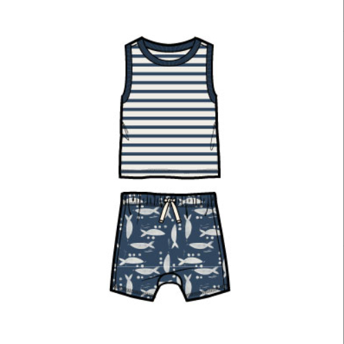 Tank and Shorts Baby Set - Blockprint Sardines