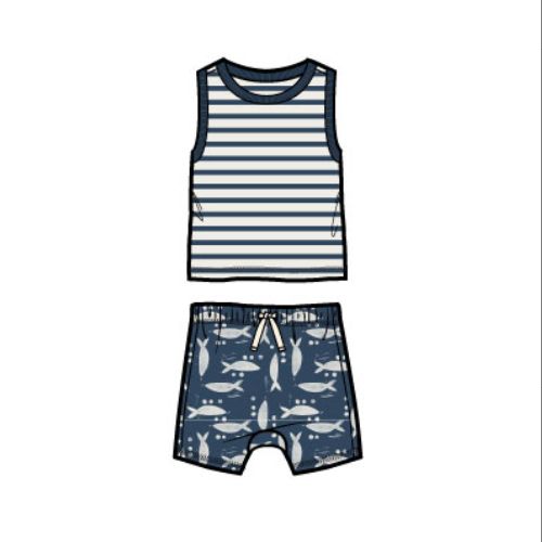 Tank and Shorts Baby Set - Blockprint Sardines