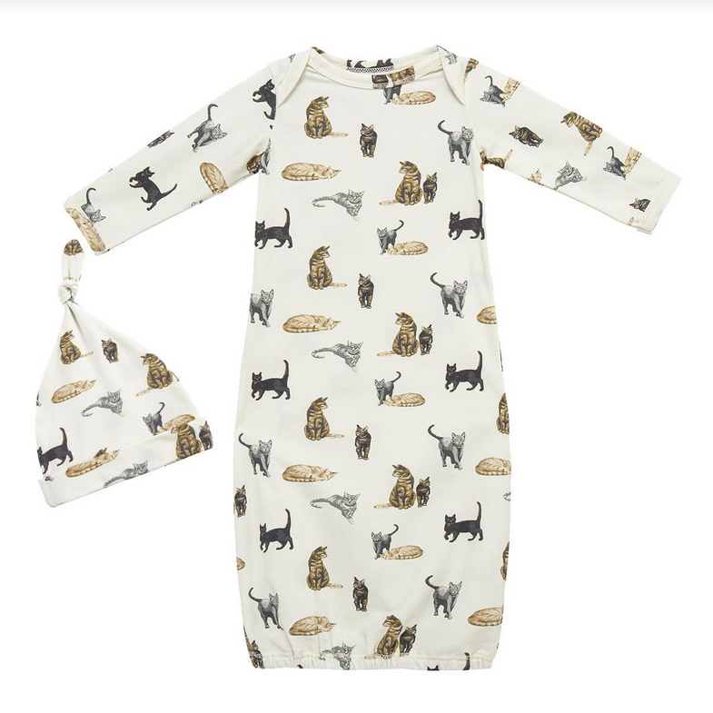 Organic Cotton Newborn Gown & Hat Set - Cats