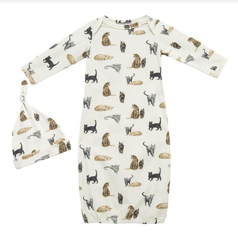 Organic Cotton Newborn Gown &amp; Hat Set - Cats