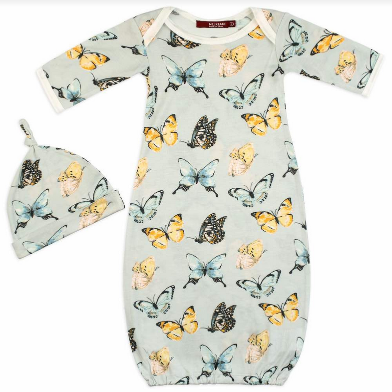 Bamboo Newborn Gown & Hat Set - Butterflies
