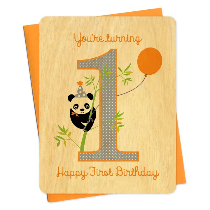 One Panda First Birthday Wooden Card