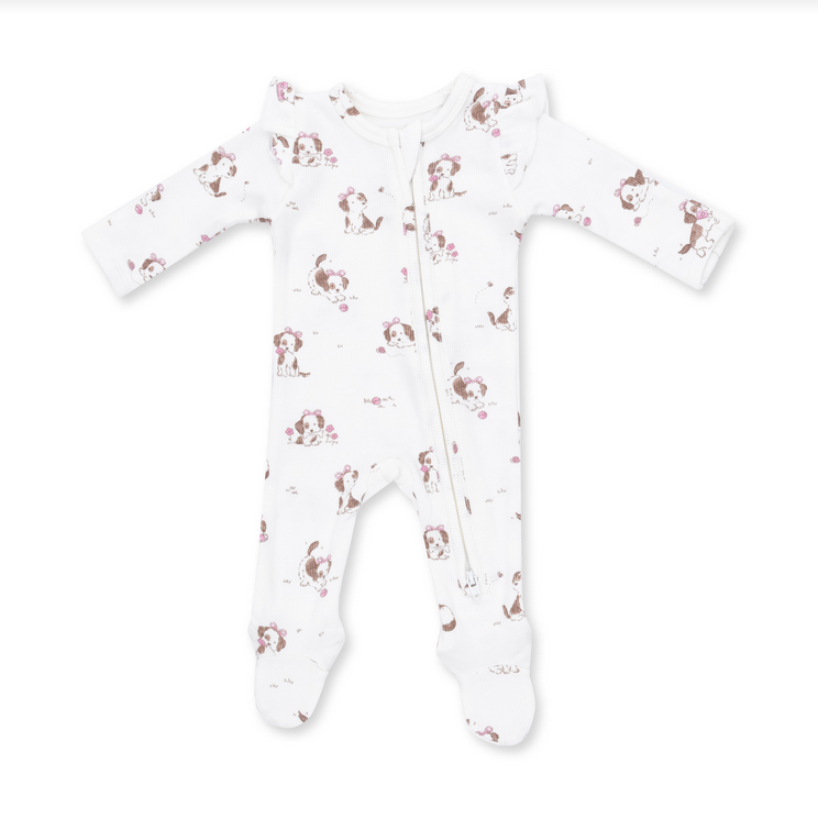 2 Way Zipper Ruffle Shoulder Footie - Explorer Puppy Pink