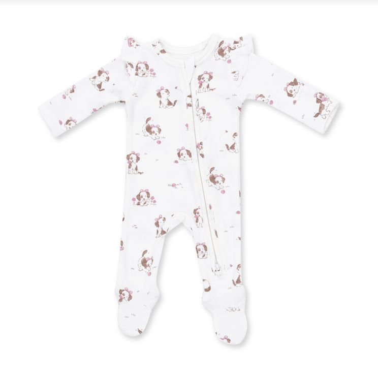 2 Way Zipper Ruffle Shoulder Footie - Explorer Puppy Pink