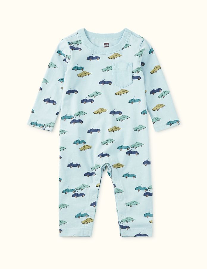 Long Sleeve Pocket Baby Romper - Mini Cars