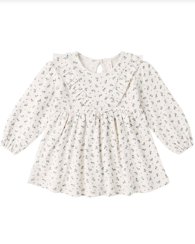Long Sleeve Ruffle V Dress Blue Ditsy