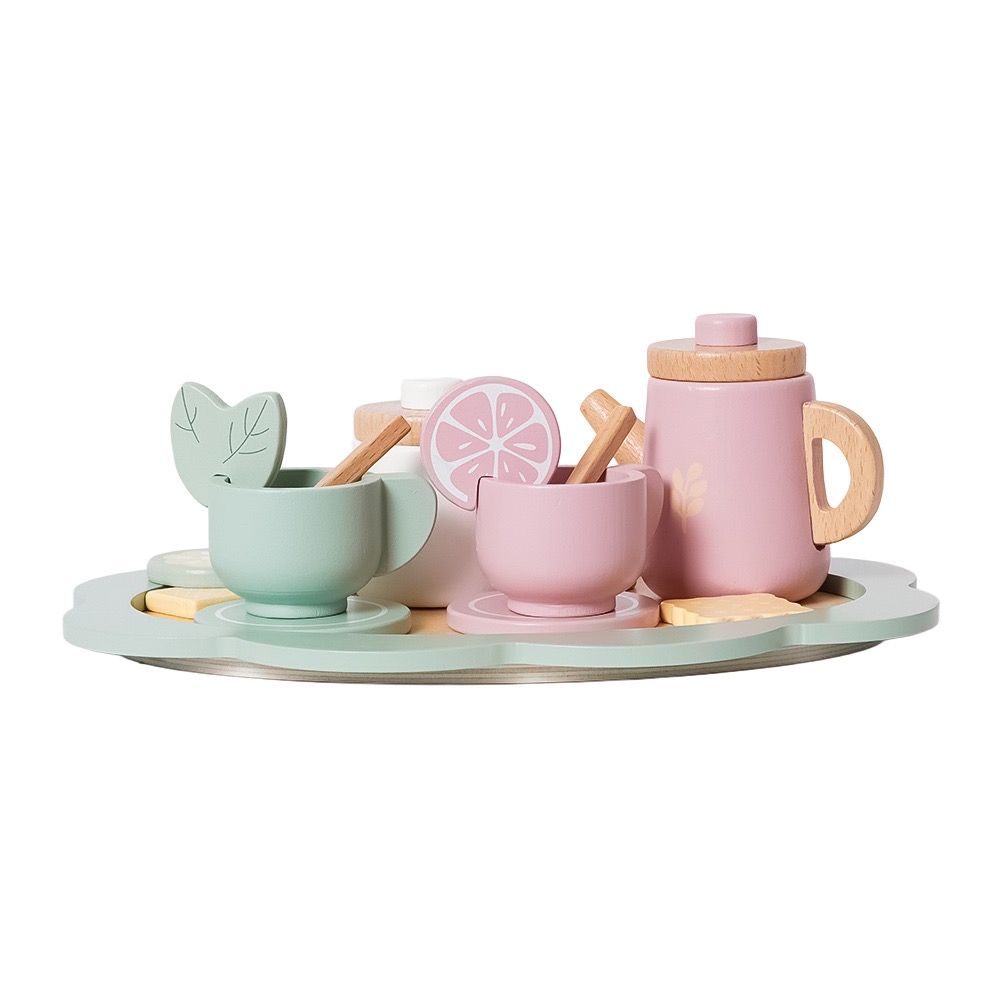 Houten theeservies - 17 delig - pastelkleur