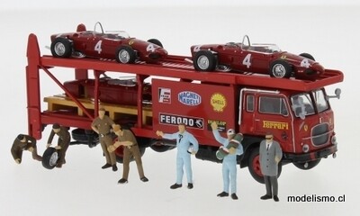 Brekina H0 58475 Fiat 642 racing transporter set, Ferrari, 1962, con 2 x F 156, carrocería de recambio y 7 figuras exclusivas