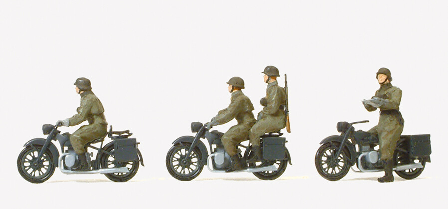 Preiser 16598 H0 - Motociclistas, montados, de la ex Wehrmacht alemana (EDW), época II. Kit con cuatro figuras, sin pintar.