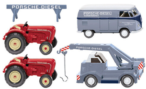 Wiking 99095 Juego de tractor Porsche, grúa móvil Demag, caja VW T1 y 2 tractores Porsche 1:87